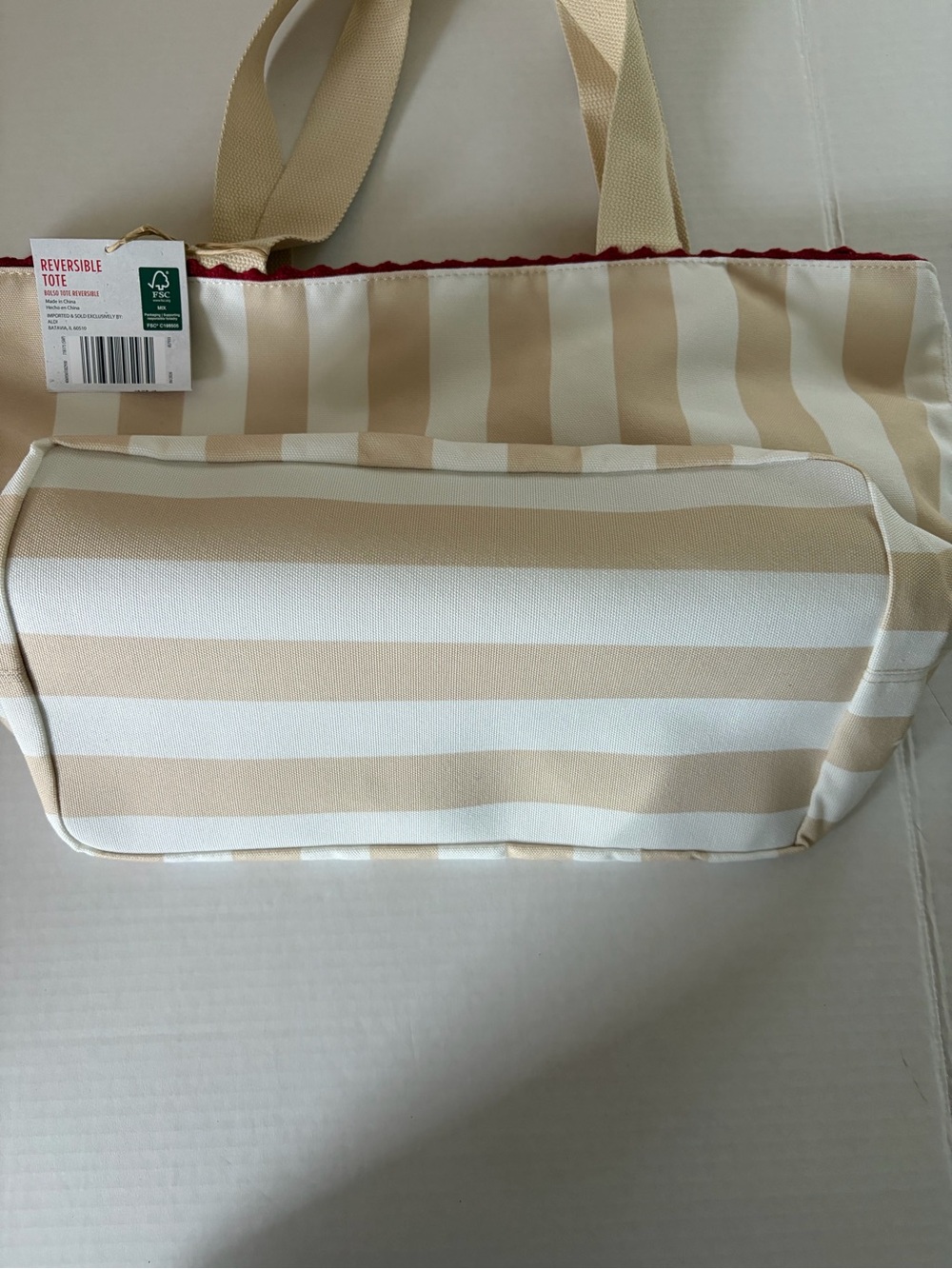 Reversible Beige and White Stripe Tote with Red Trim - Picture 2 of 4